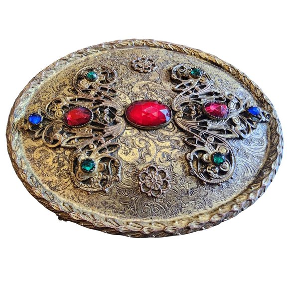 Antique Footed Gilt Bronze Jeweled Velvet Lined Trinket Box (A1717) - Picture 4 of 8